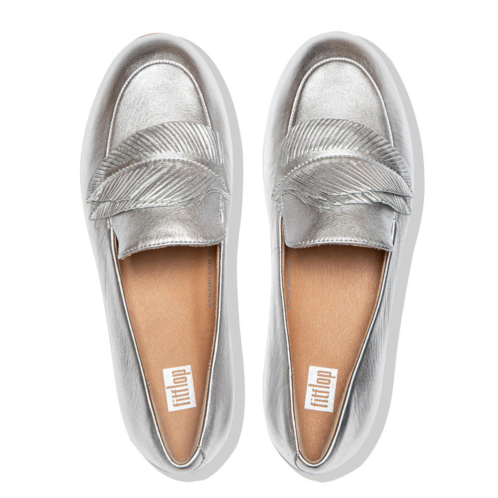 Fitflop Womens Loafers Silver - Lena Feather Metallic Leather - EQ2875410